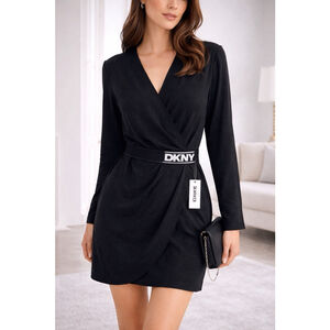 DKNY Black Wrap DresFront Long Sleeve Top Logo Waist Band NEW w Tags Size US 10